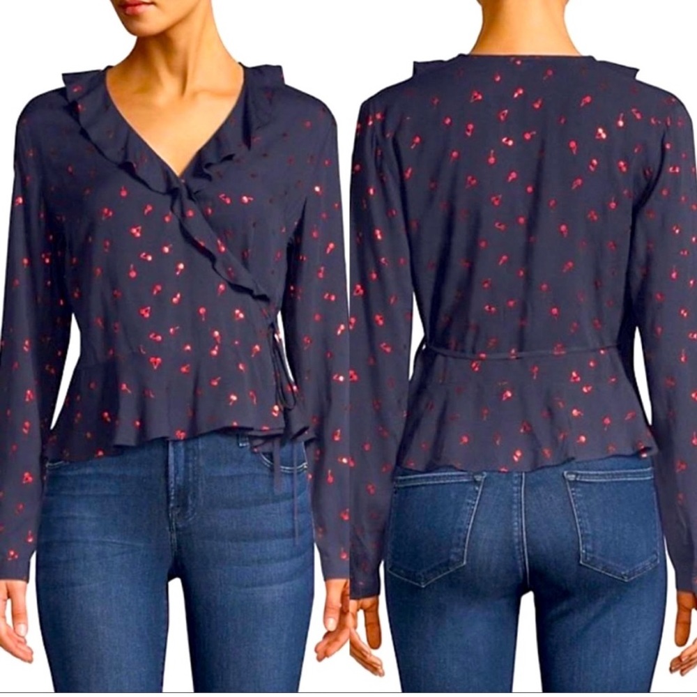 EUC Rails | Navy Simone Metallic Red Cherry Print Wrap Blouse